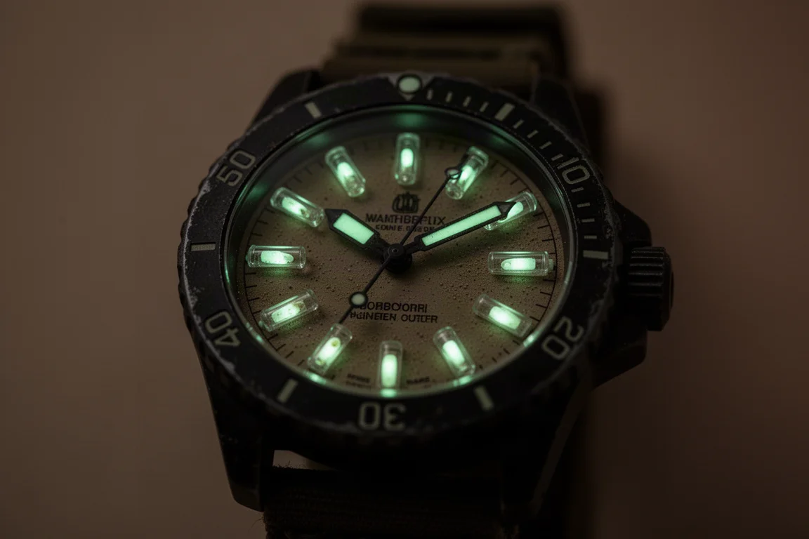 Repères au tritium lumineux visibles sur une montre de plongée dans l'obscurité totale