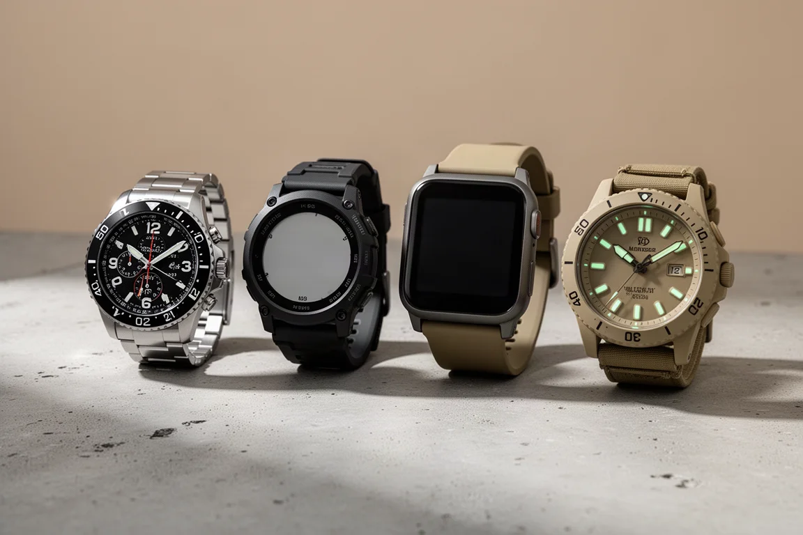 Four wristwatches including a dive watch, GPS sports watch, smartwatch and military divers watch on concrete