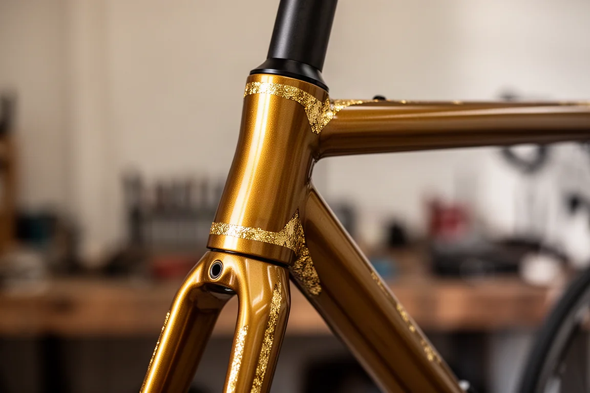Close-up of a gold-finished road bike fork and head tube with fine gold detailing