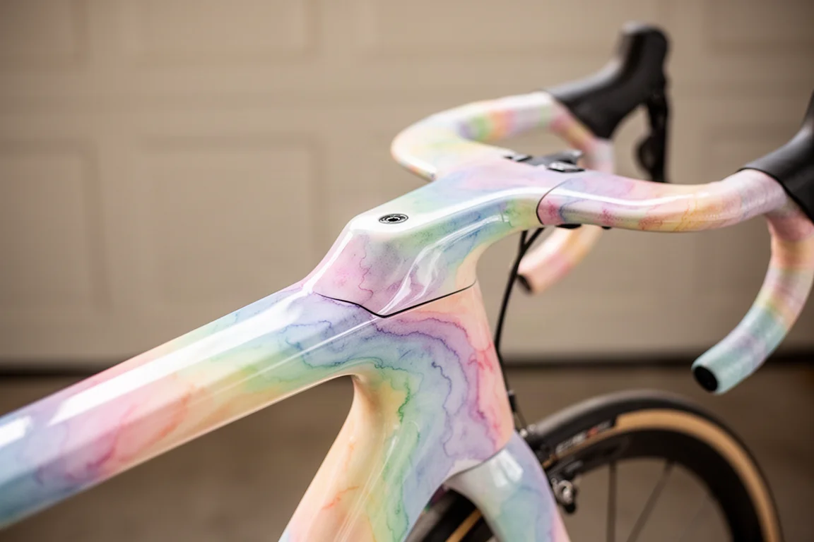 Road bike top tube and cockpit covered in soft rainbow watercolour paint swirls