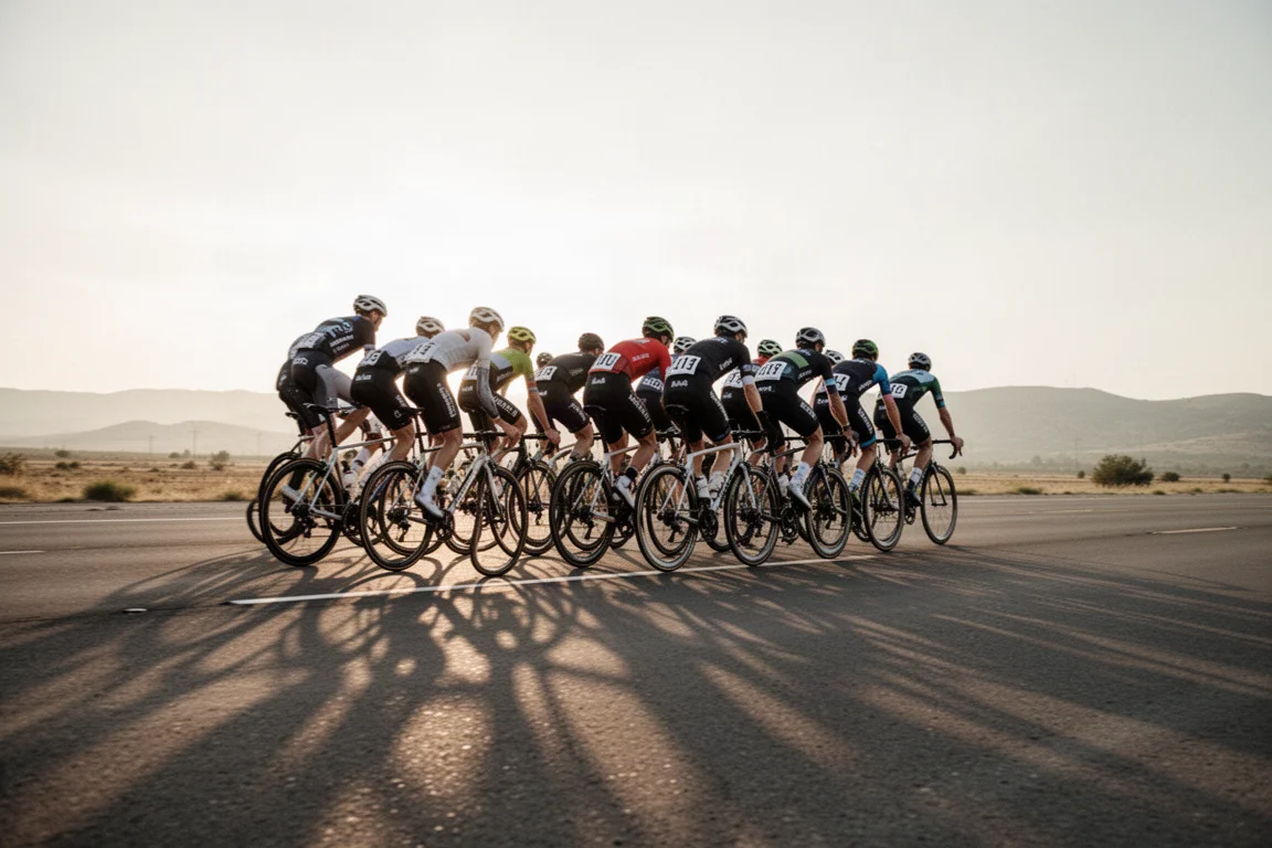 Group of road cyclists riding in a tight bunch on an open road at low sun