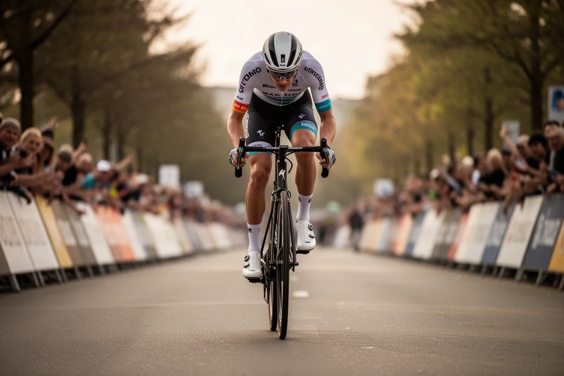Road cyclist sprinting out of the saddle on a flat finishing straight