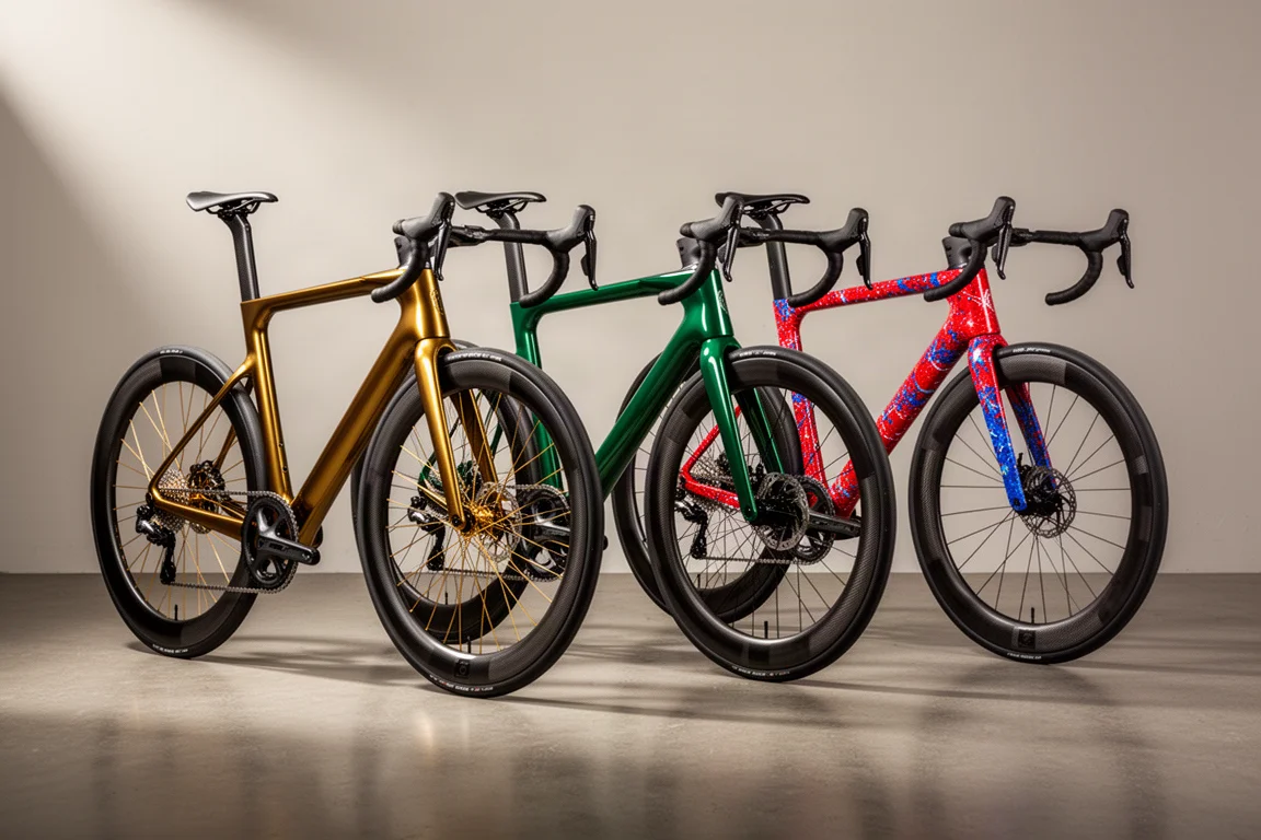 コンクリートの床に置かれた、ゴールド、グリーン、スプラッター塗装のカーボンロードレースバイク3台