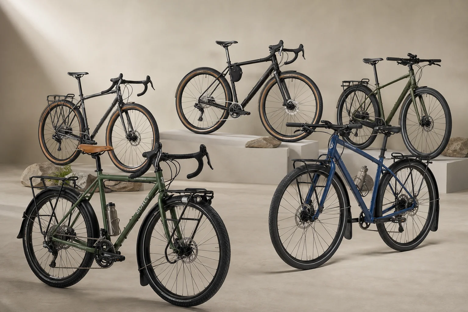 Collection of touring bicycles in various styles on neutral backdrop