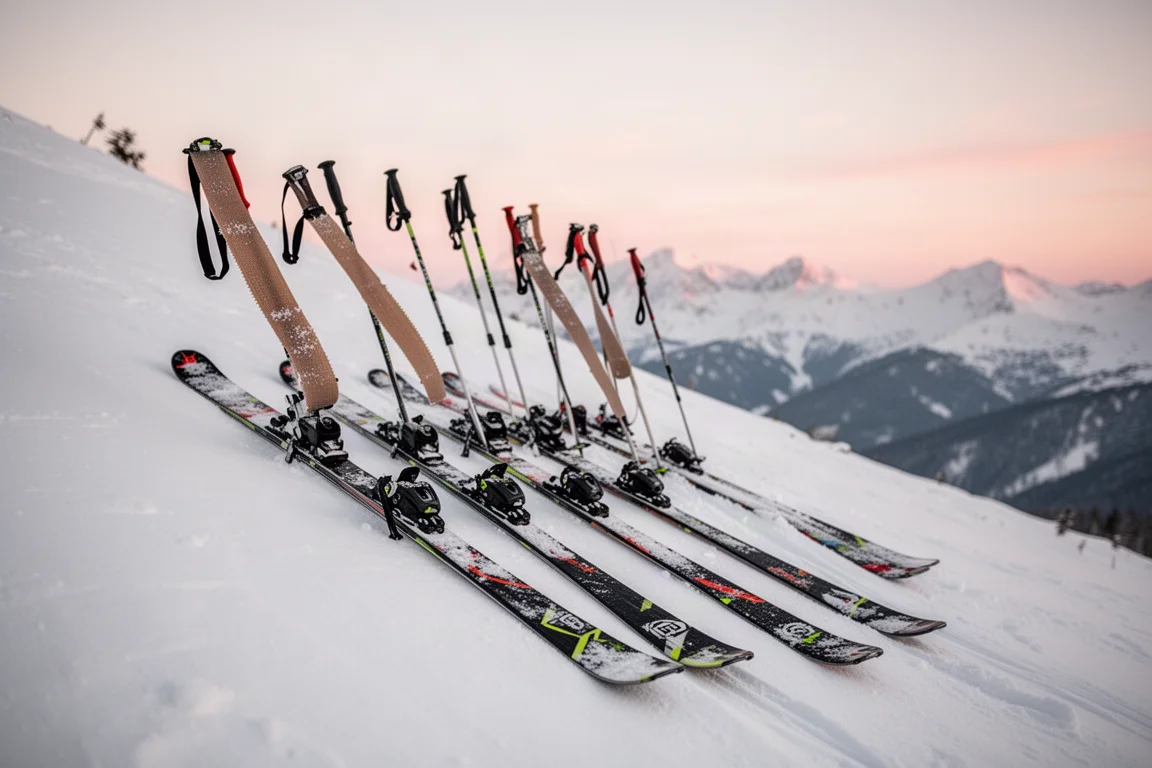Tourenski auf einer verschneiten Piste mit aufgeklebten Fellen