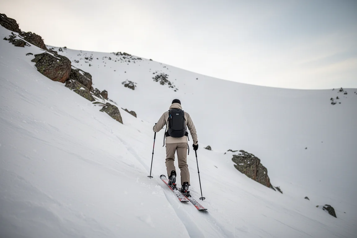 Skifahrer steigt einen steilen Schneehang mit Tourenausrüstung hinauf