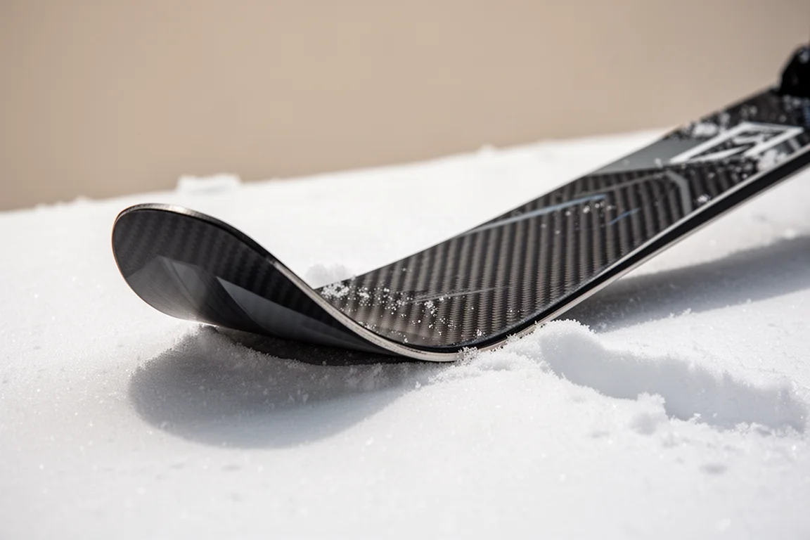 Details am Tourenski-Heck mit Rocker und Taper im Pulverschnee