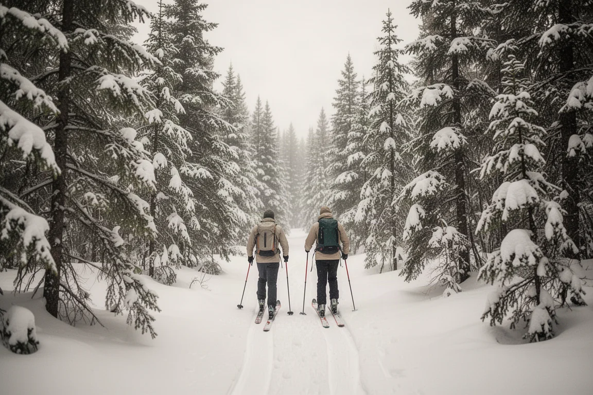 Zwei Skifahrer ziehen Felle durch einen Winterwald
