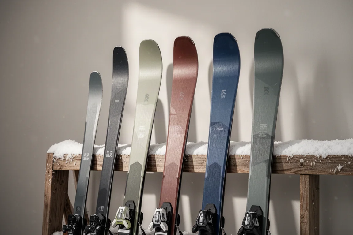 Six touring skis standing upright on a snow-dusted wooden rack