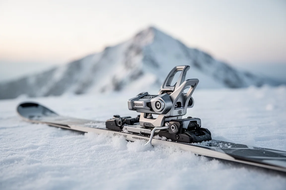 Lätt tech-bindnings tåongsdel monterad på en skida på vindtpackad snö