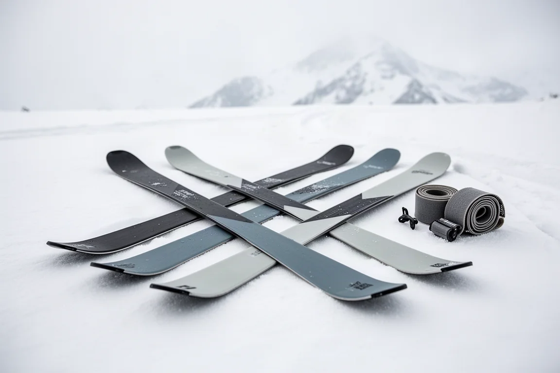 Cinq skis de randonnée légers disposés en éventail sur une neige damée avec des peaux pliées à côté