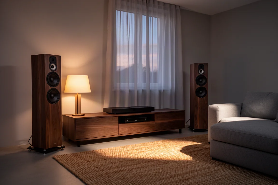 Living room at dusk with two tower speakers flanking a low media console