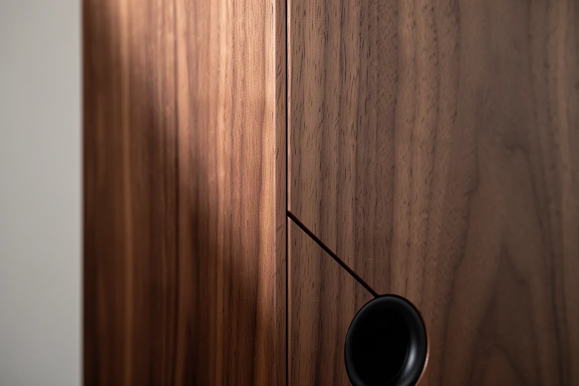 Close-up of walnut speaker cabinet corner showing veneer grain and port