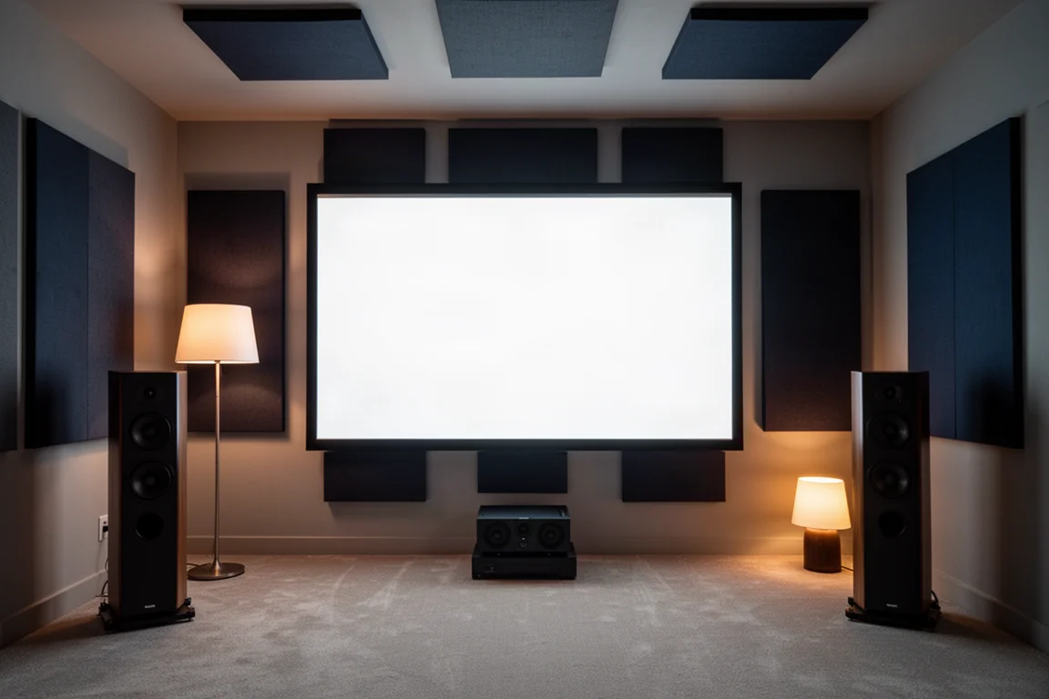 Home theater room with a large screen and two tower speakers at the front