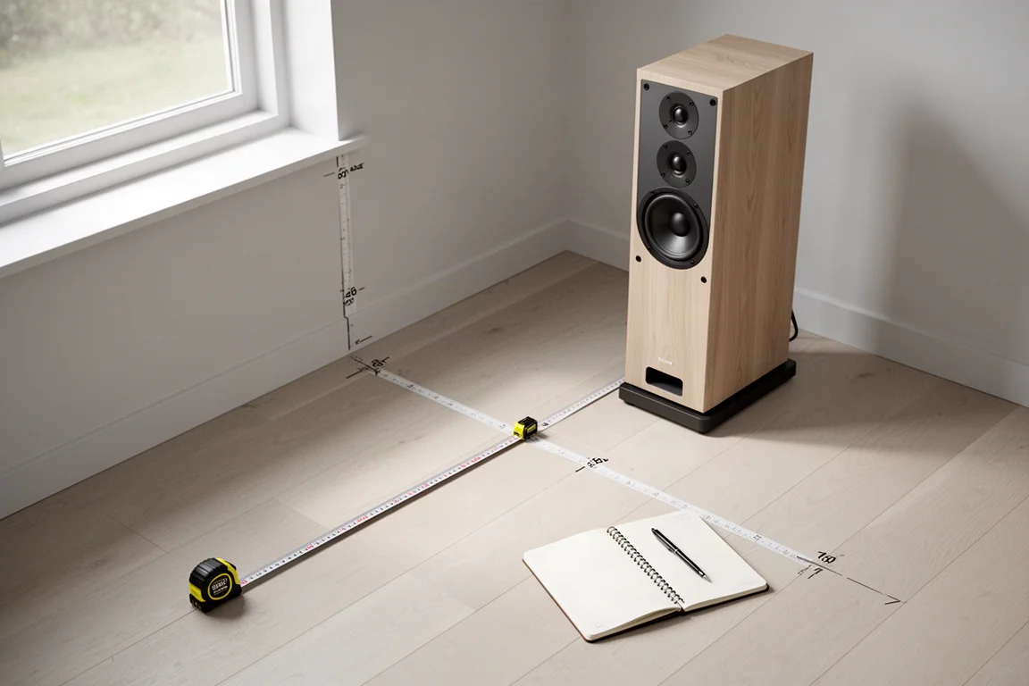Tape measure on a wood floor marking speaker placement distance from the wall
