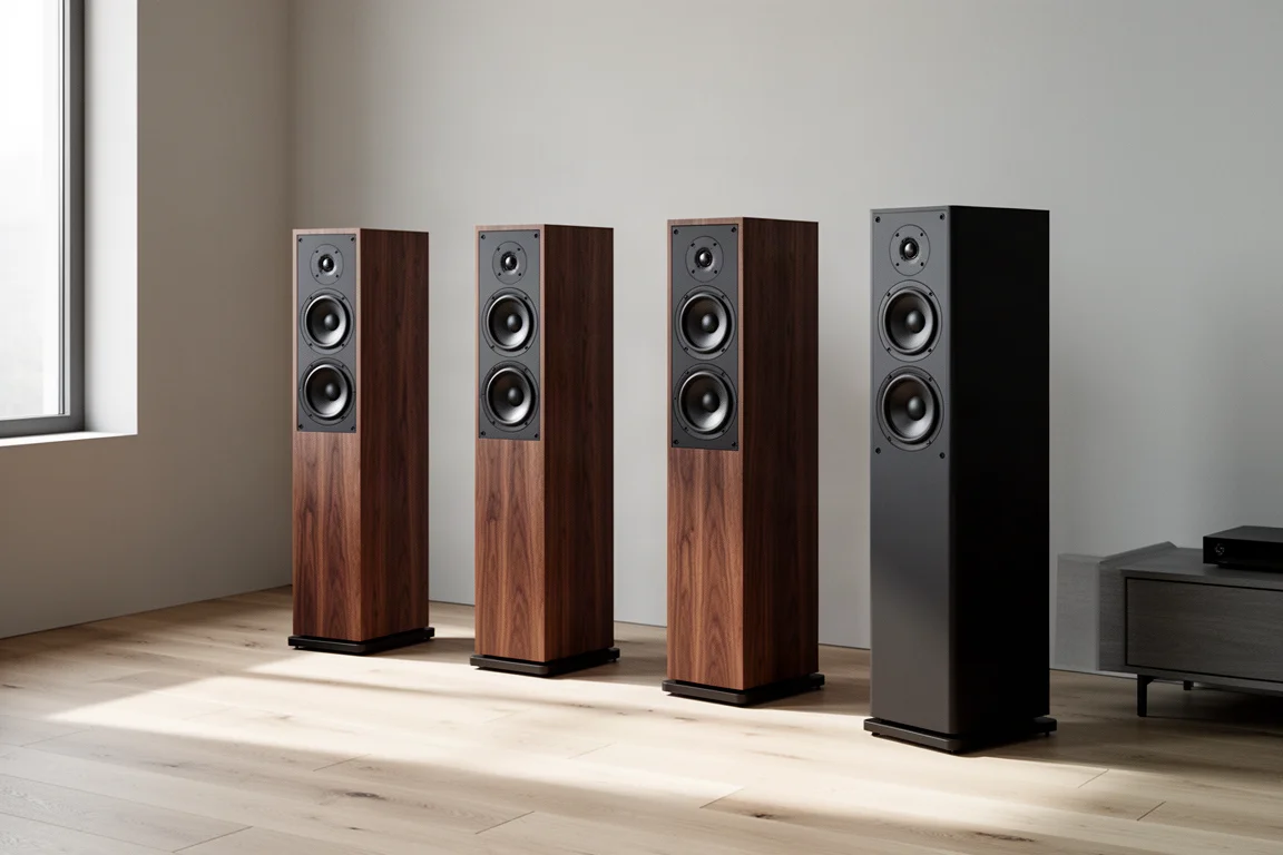 Four floorstanding tower speakers in a minimalist listening room with pale oak flooring