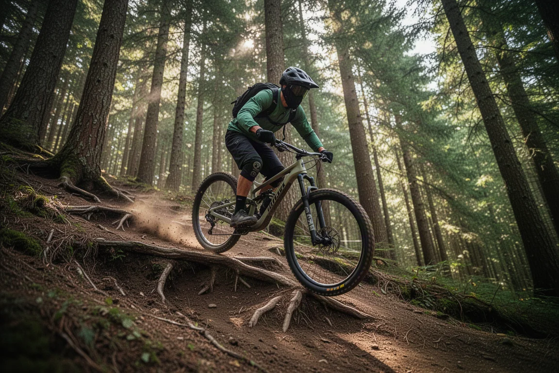 Trailrijder klimt op een kronkelende singletrack door een dennenbos in het ochtendlicht