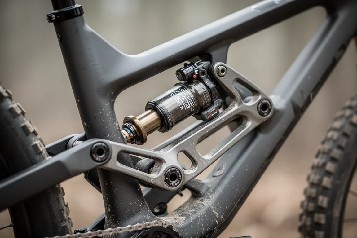 Close-up van een achterschokdemper en linkage op een frame van een full-suspension mountainbike