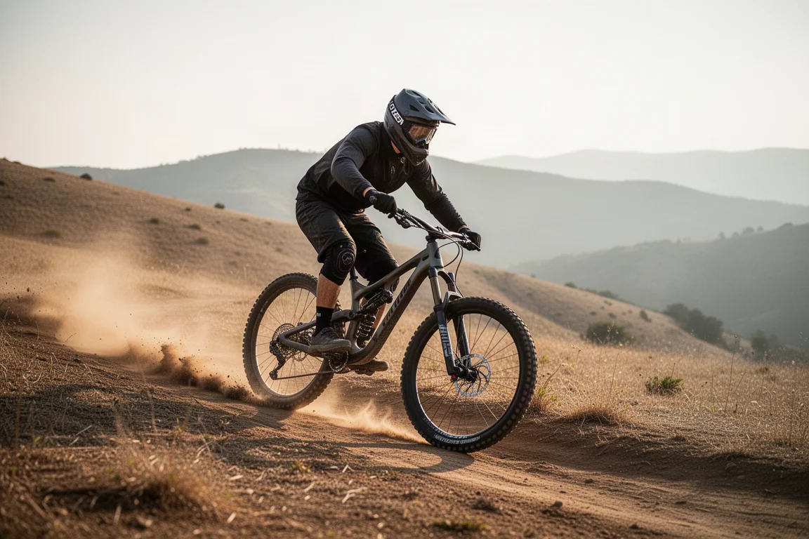 Mountainbiker gaat hard door een bocht op losse grond met opwaaiend stof achter zich