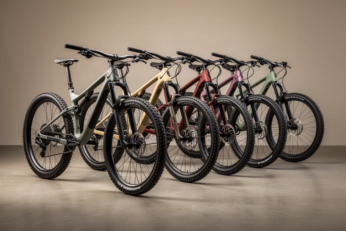 Drie full-suspension trailmountainbikes naast elkaar geparkeerd op beton