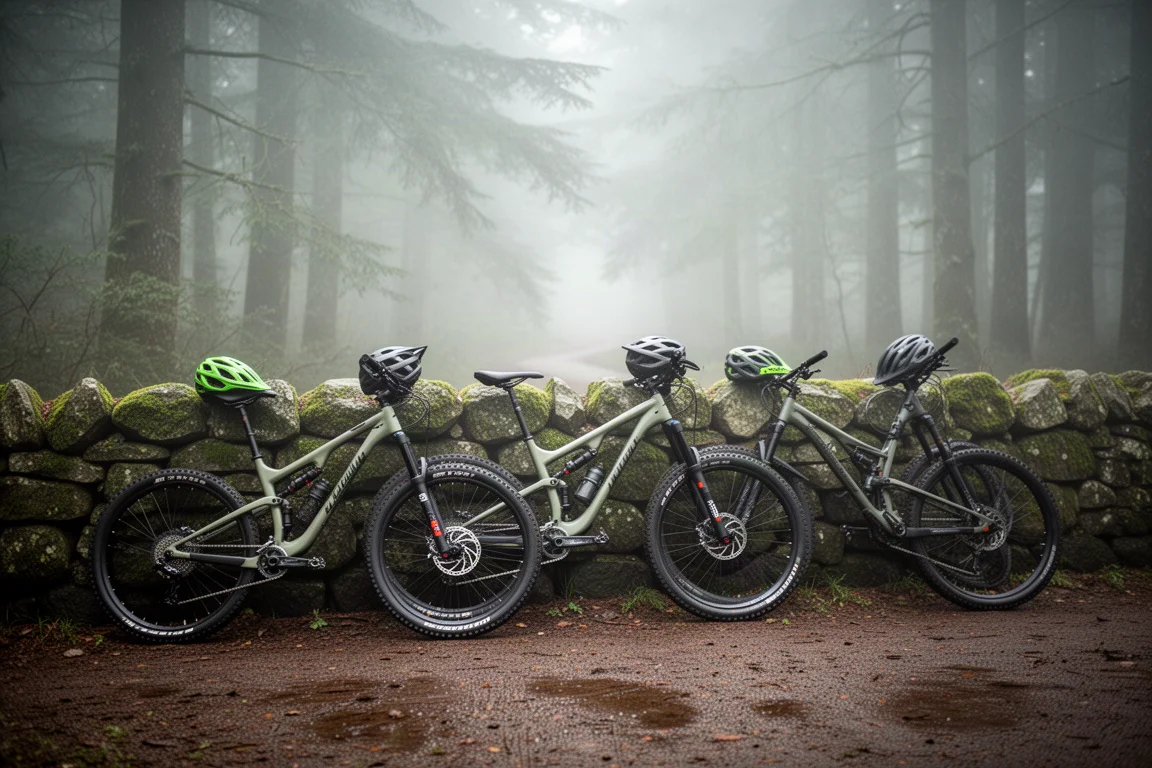 Mountainbikes rusten bij een bospad in de vroege ochtendmist