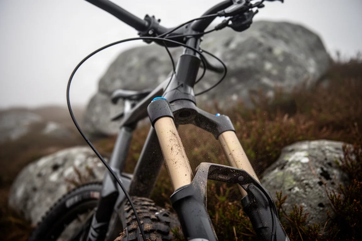 Close-up van een mountainbikevork en balhoofdbuis op een rotsachtig pad