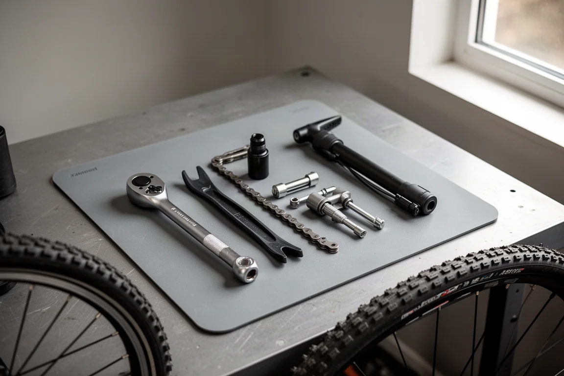 Bovenaanzicht van mountainbikegereedschap op een werkbank