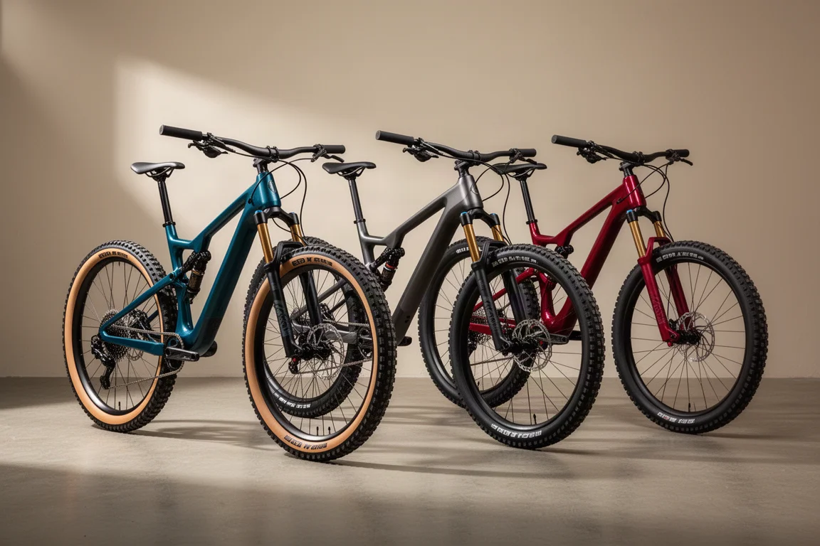 Trois VTT de trail à suspension intégrale alignés côte à côte dans un studio