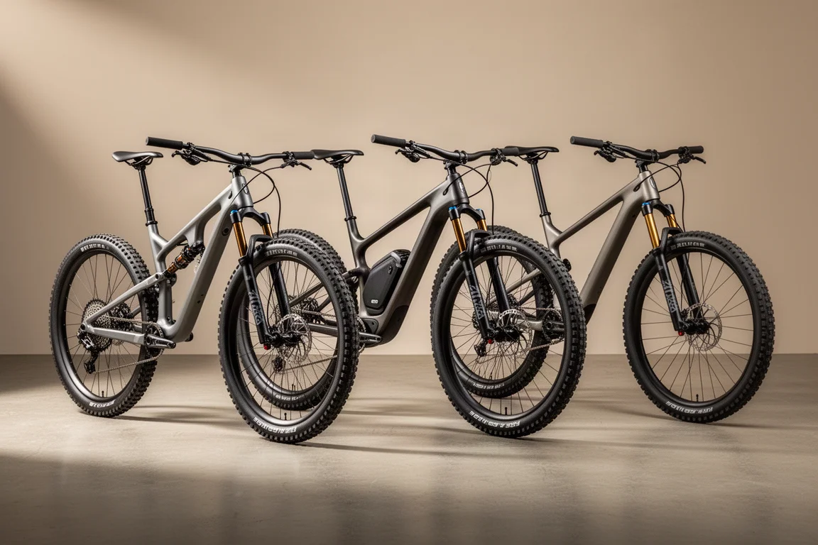 Drie volledig geveerde trail-mountainbikes naast elkaar op een mat betonnen oppervlak