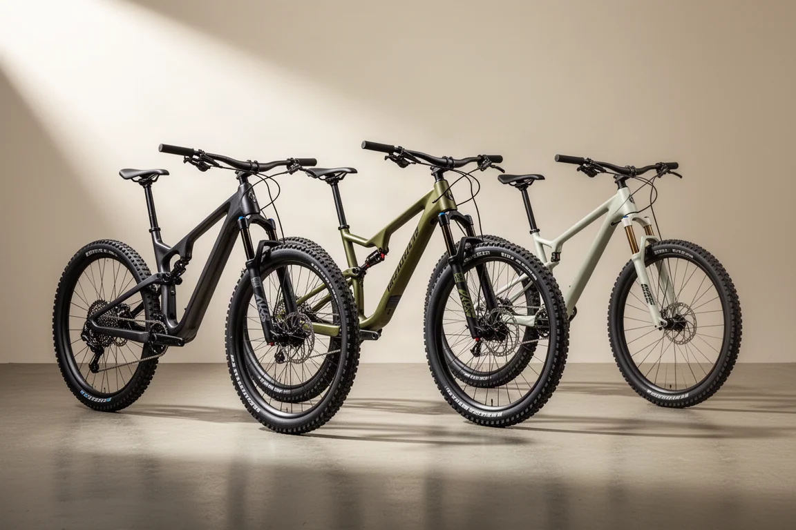 Drie full-suspension trailbikes op een rij in een studio op een betonnen vloer