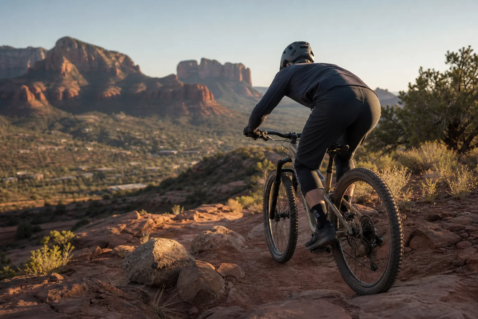 Mountain biker che percorre un sentiero su una trail bike in un terreno desertico roccioso a Sedona