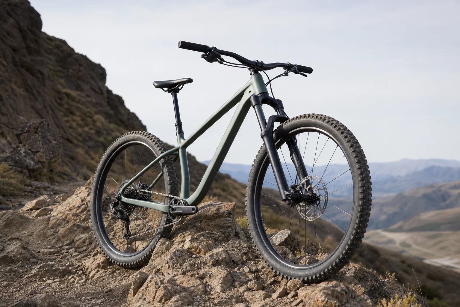 Mountain bike hardtail su terreno roccioso che mostra la geometria slack e l'interasse