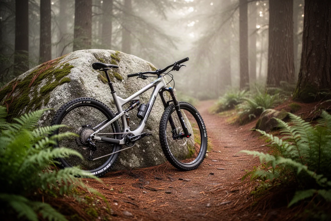 Pełnozawieszeniowy górski rower trailowy oparty o omszałą skałę przy leśnym singletracku
