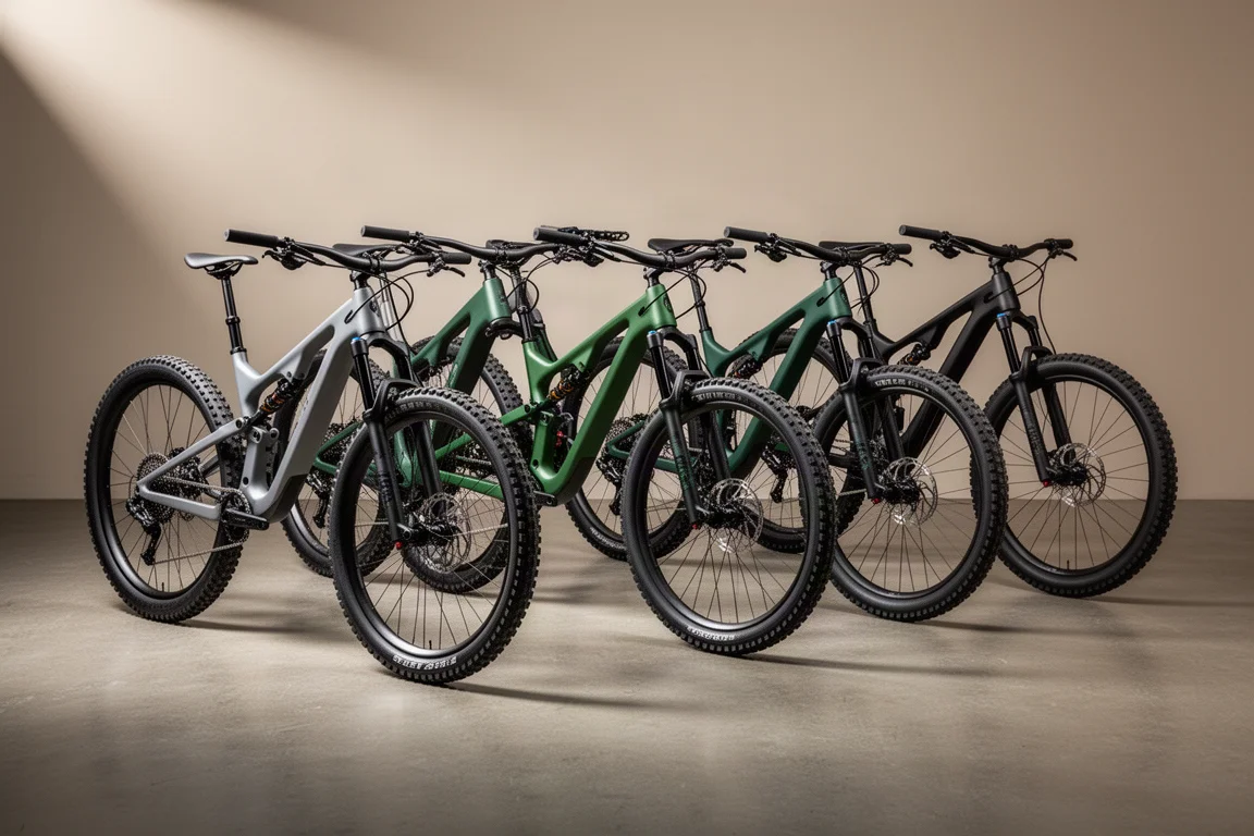 Vijf full-suspension trailmountainbikes op een rij op een betonnen studiovloer