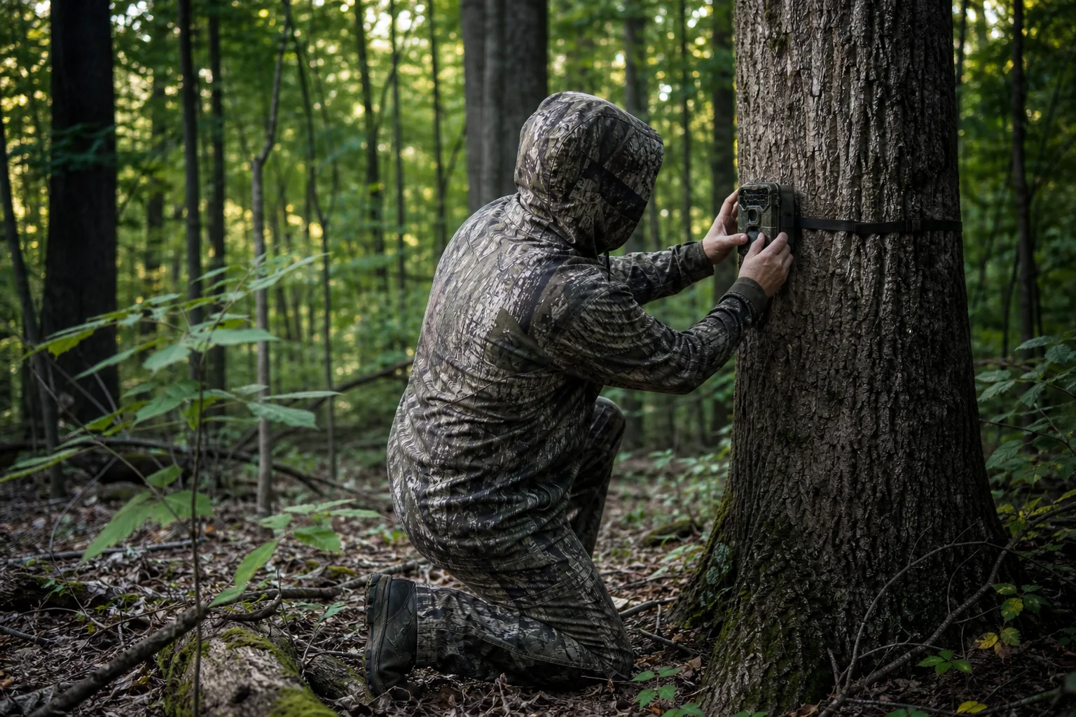 Hunter in camouflage mounting trail camera on forest tree