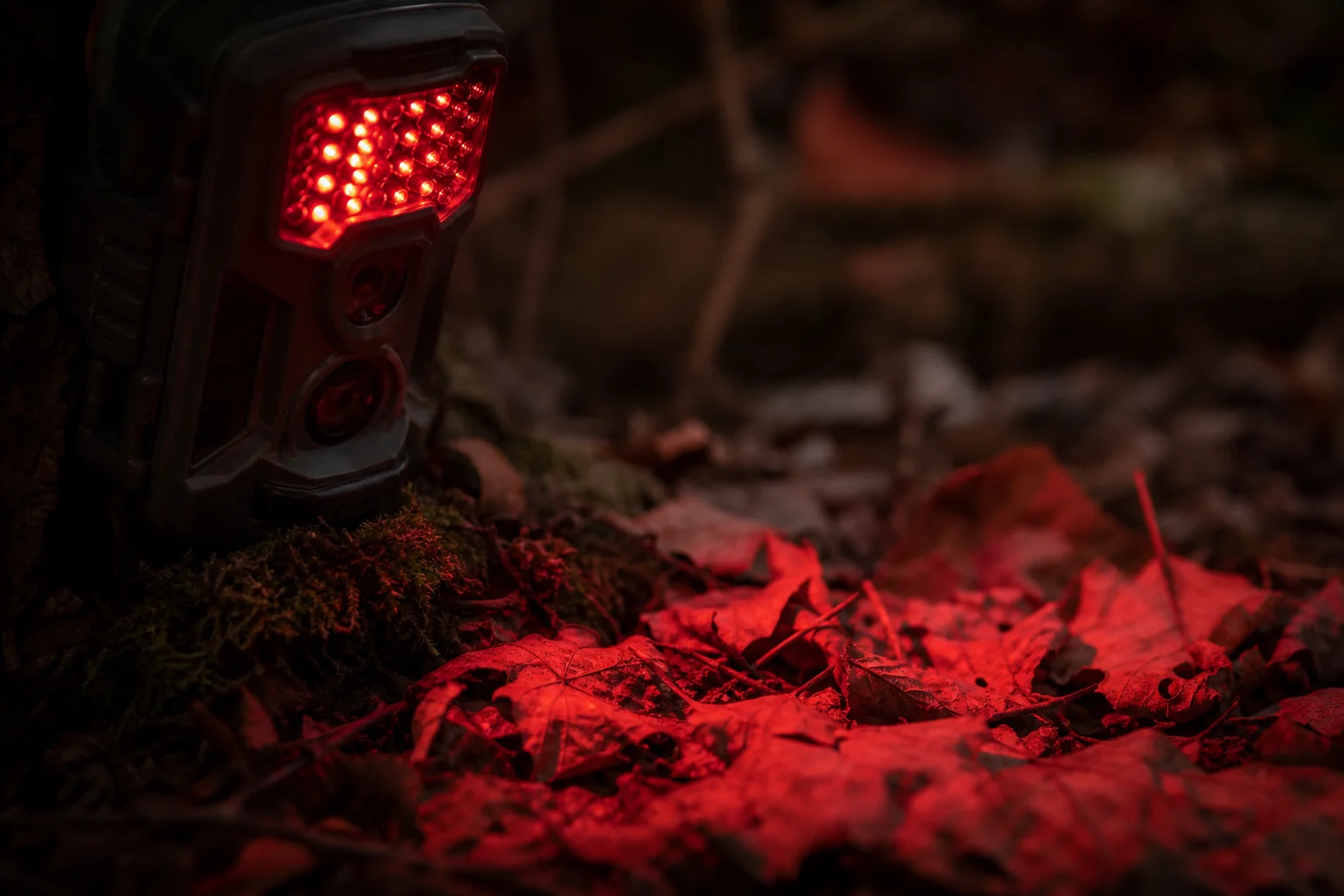 Trail camera infrared LED array glowing in darkness on forest floor