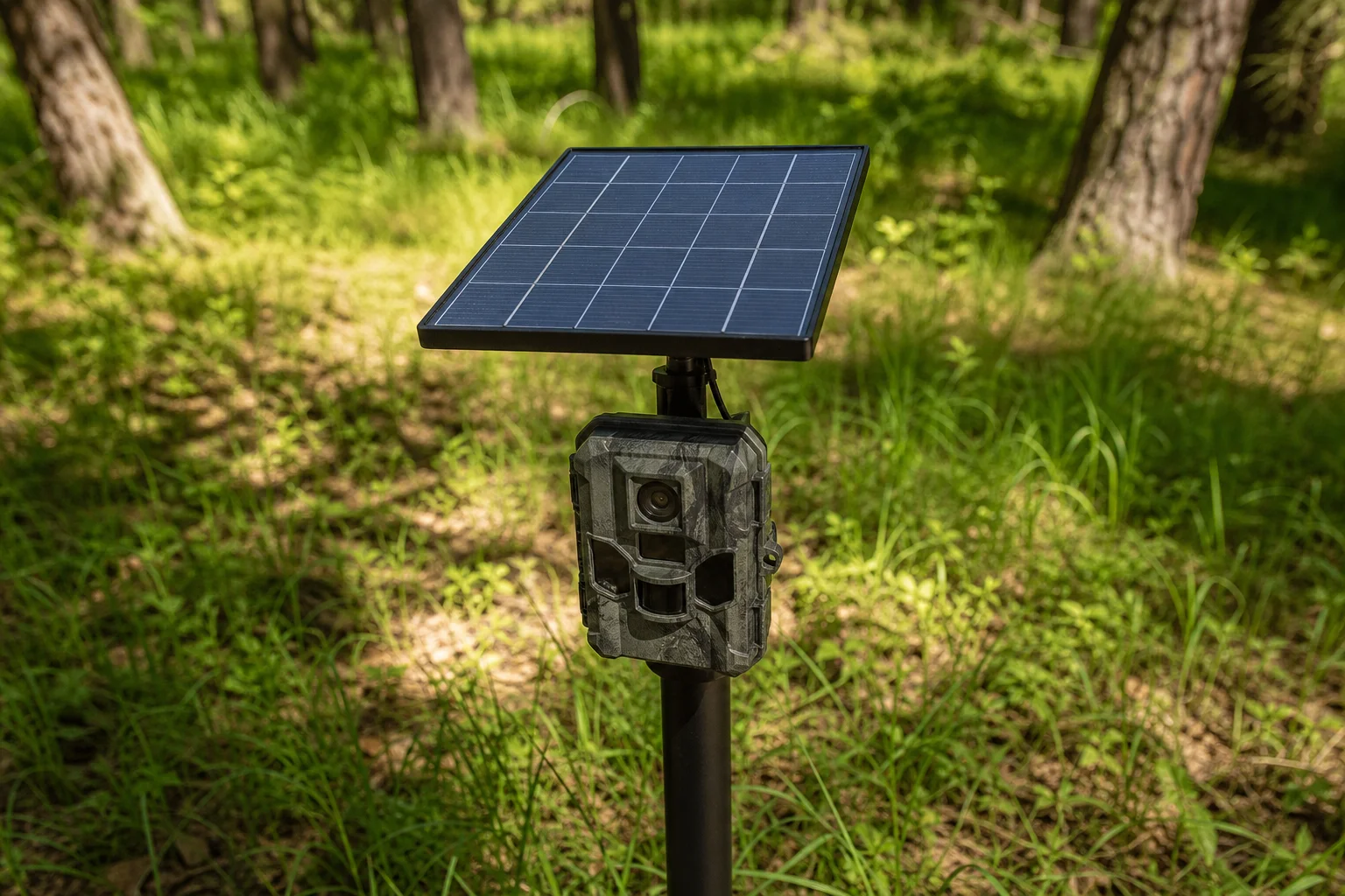 Solar panel mounted on trail camera in bright sunlight