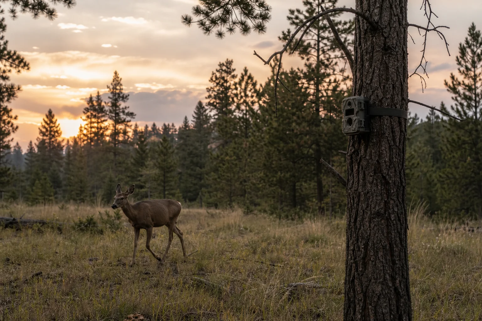 Deer walking past trail camera in forest clearing at dusk