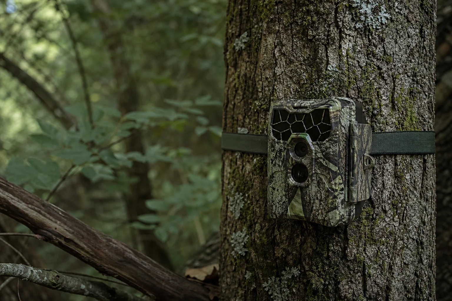 Trail camera mounted on tree trunk surrounded by forest foliage
