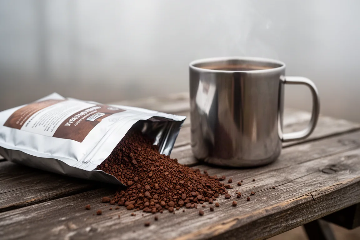 Cristais de café solúvel despejados de um sachê ao lado de uma caneca fumegante
