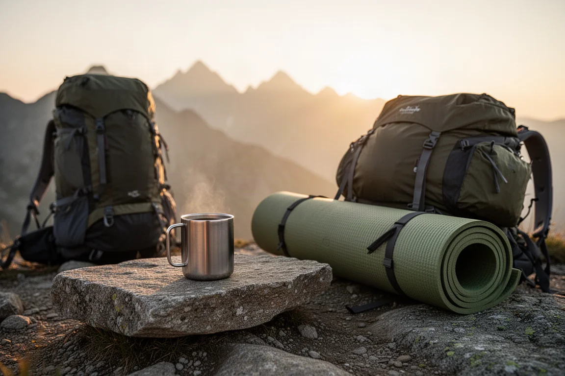 Cena de acampamento pela manhã com caneca de café sobre uma rocha e montanhas ao fundo