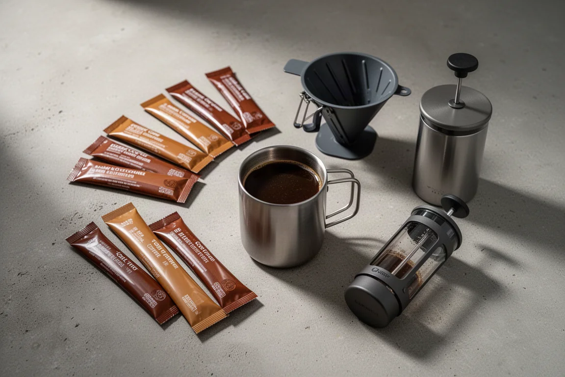 Trail coffee gear flat lay with instant packets, pour-over cone, press brewer and a mug
