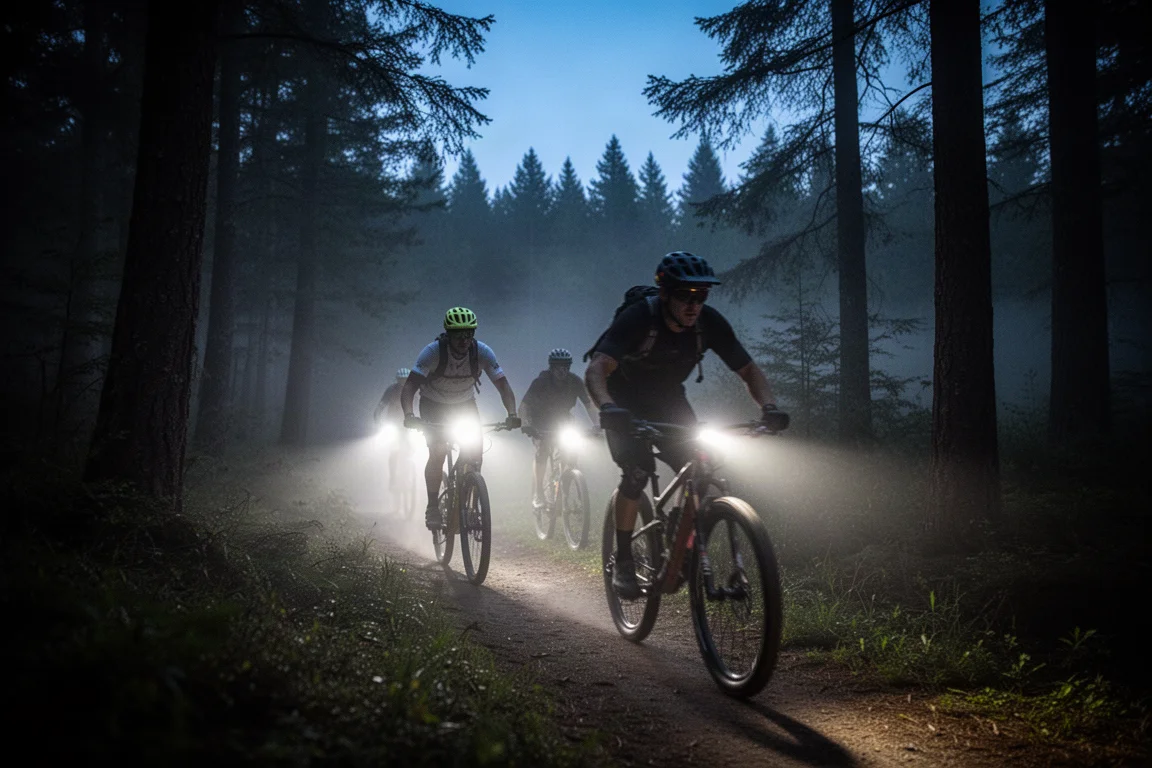 Groep mountainbikers met felle lampen op een donker bospad in de nacht