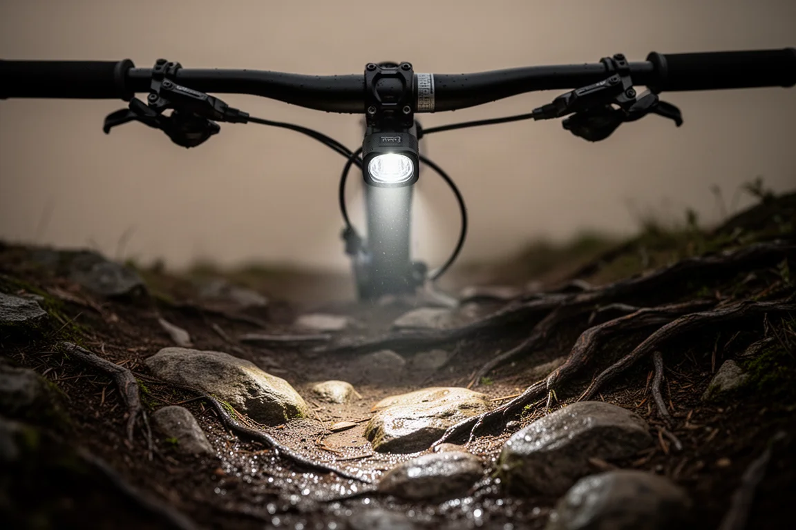 Stuurlicht dat 's nachts een smalle bundel op nat, rotsachtig singletrack werpt