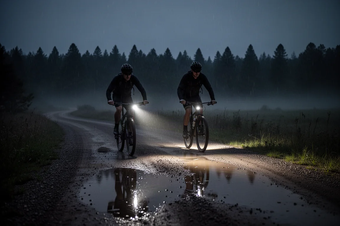 Wielrenner op een grindweg in de nacht met een compact stuurlicht en vochtige grond