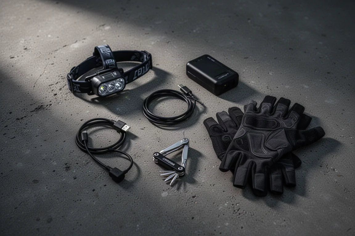 Overhead flat-lay van nachtrijbenodigdheden, waaronder een trail light en reserveaccu