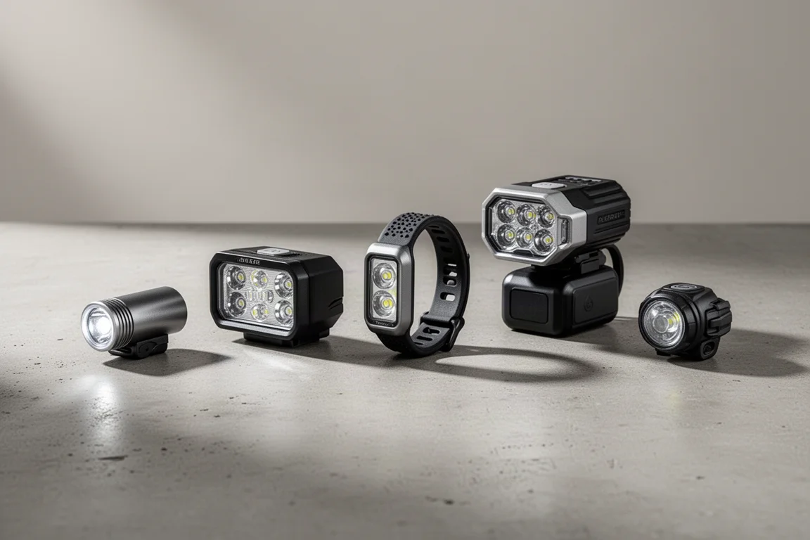 Vijf verschillende mountainbike-trail lights op een rij op een betonnen oppervlak