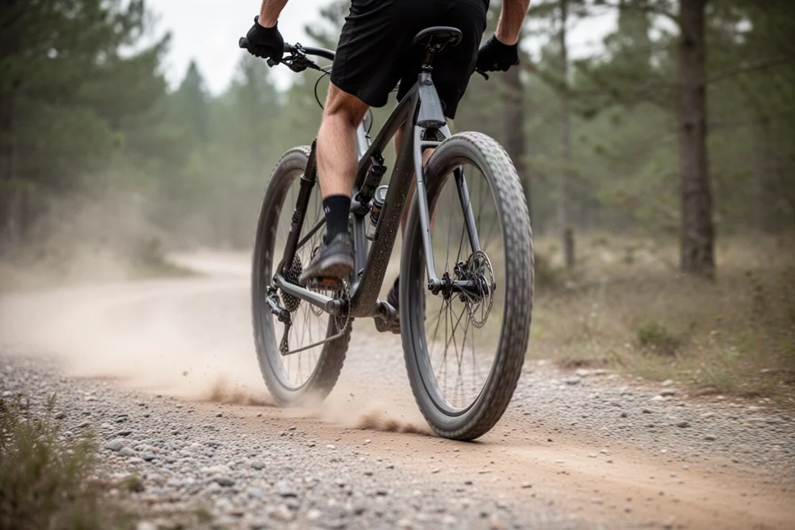 Mountain bike rodando rápido por un sendero de grava compacta a través de un bosque abierto