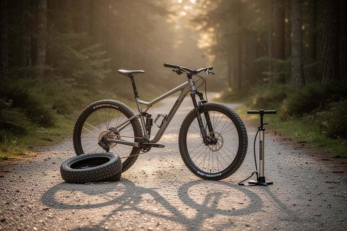 Mountain bike aparcada en el inicio de un sendero forestal con un neumático de repuesto y una bomba de pie