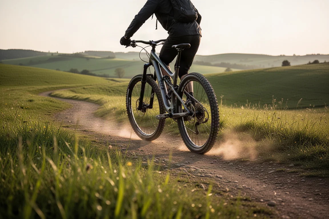 Rider pedalling a full-suspension mountain bike along a mixed trail in rolling countryside